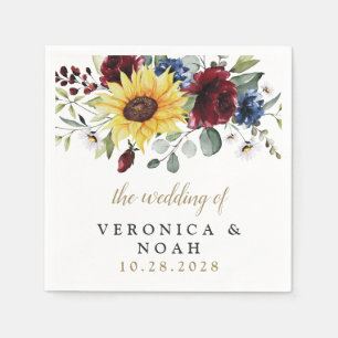 Sunflower Burgundy Roses Navy Blue Rustic Wedding Napkin