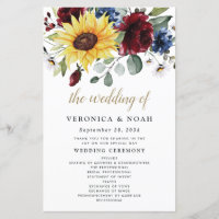Sunflower Burgundy Roses Navy Wedding Programs