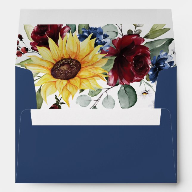Sunflower Burgundy Roses Rustic Navy Blue Wedding Envelope (Back (Bottom))