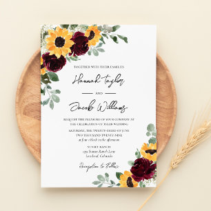 Sunflower Burgundy Roses Rustic Wedding Invitation