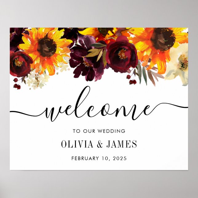 Sunflower Burgundy Watercolor Wedding Welcome Sign (Front)