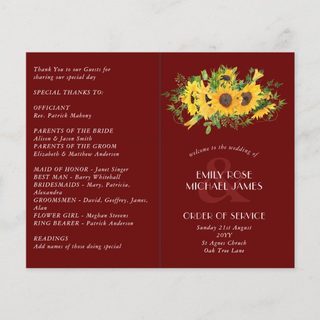 Sunflower Burgundy Wedding Program or other event (Front)