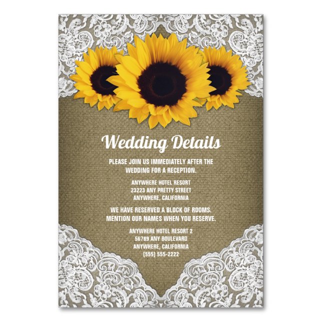 Sunflower Burlap and Lace Wedding Insert Cards (Front)