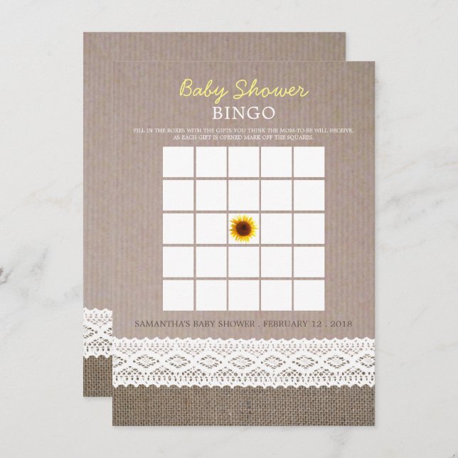 Sunflower Burlap & Crochet Lace Baby Shower Bingo Invitation (Front/Back)