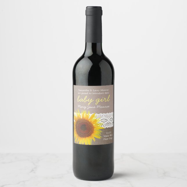 Sunflower Burlap & Lace Baby Announcement Wine Label (Front)