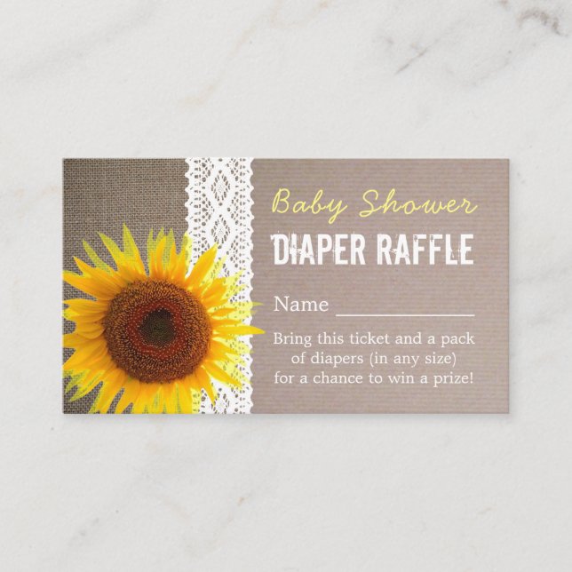 Sunflower Burlap & Lace Baby Diaper Raffle Ticket Enclosure Card (Front)