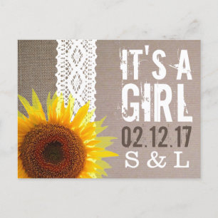 Sunflower Burlap & Lace Baby Girl Announcement Postcard