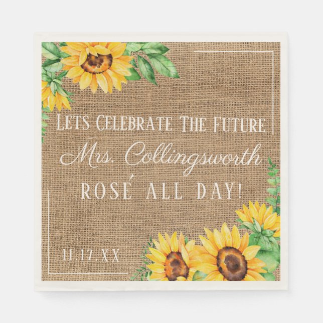 Sunflower Burlap Look Rustic Wedding Bridal Shower Napkin (Front)