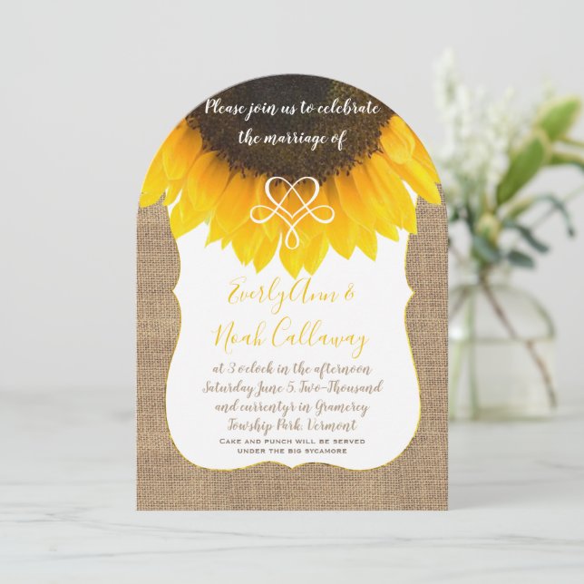 Sunflower Burlap Typography Wedding Invitation (Standing Front)