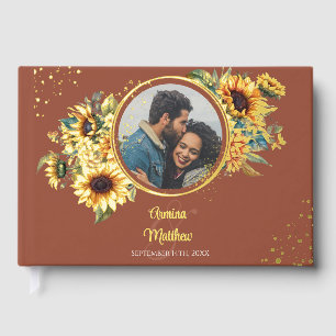 Sunflower Burnt Orange Elegant Photo Gold Guest Book