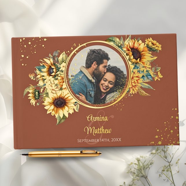 Sunflower Burnt Orange Elegant Photo Gold Guest Book (Creator Uploaded)