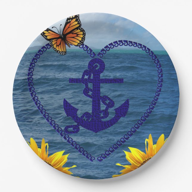 Sunflower Butterfly Anchor Paper Plates (Front)
