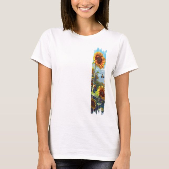 Sunflower & Butterfly Brushstroke Paint T-Shirt (Front)