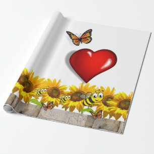Sunflower Butterfly Bumblebee Matte Wrapping Paper