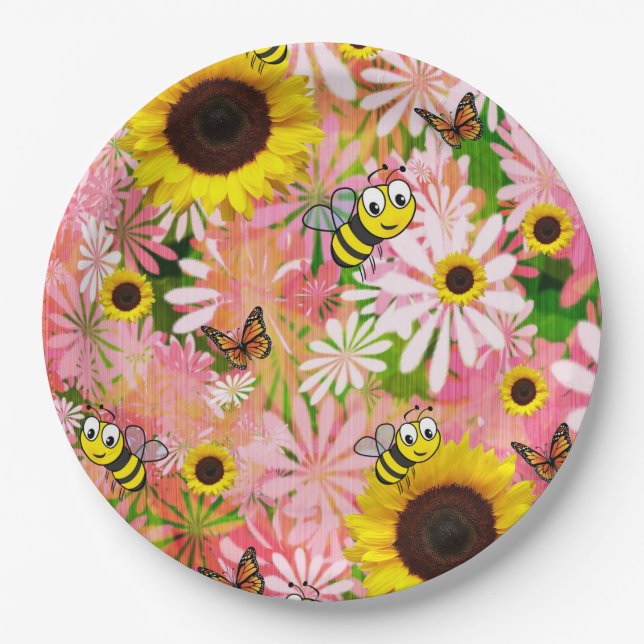 Sunflower Butterfly Bumblebee Paper Plates (Front)