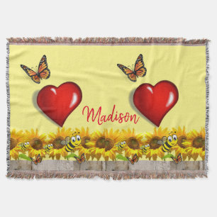 Sunflower Butterfly Bumblebee Throw Blanket