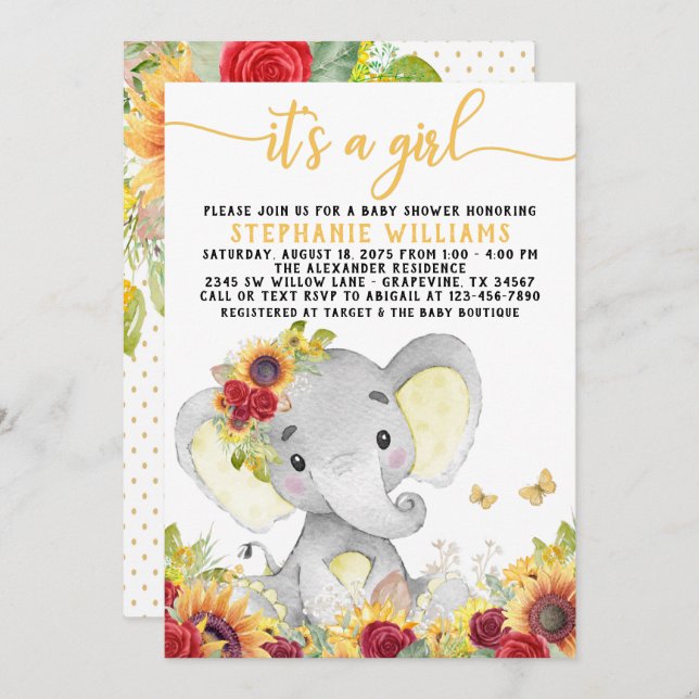 Sunflower Butterfly Elephant Baby Shower Invitation (Front/Back)