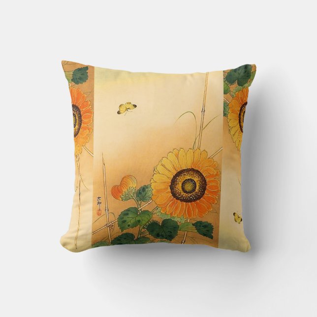 SUNFLOWER ,BUTTERFLY,GREEN LEAVES Japanese Floral Cushion (Front)