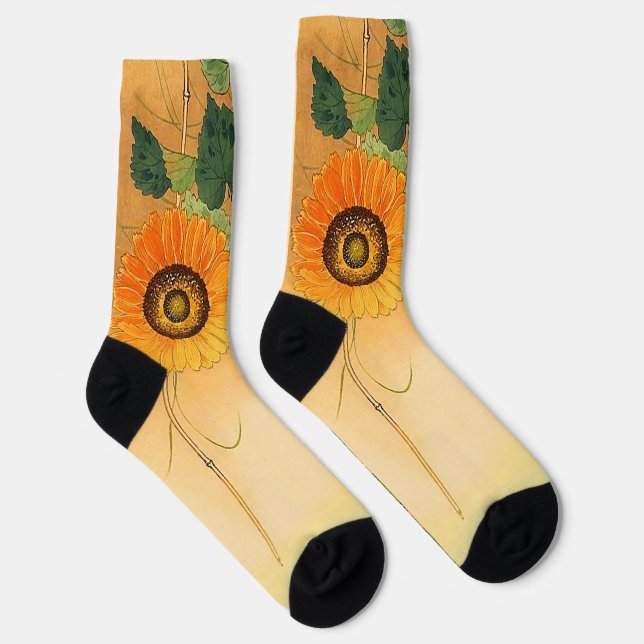 SUNFLOWER ,BUTTERFLY,GREEN LEAVES Japanese Floral  Socks (Right)