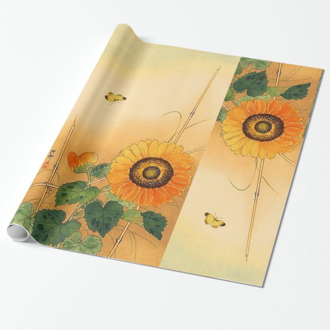 SUNFLOWER ,BUTTERFLY,GREEN LEAVES Japanese Floral Wrapping Paper (Unrolled)