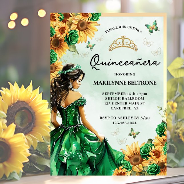 Sunflower Butterfly Green Princess Quinceañera Invitation (Creator Uploaded)