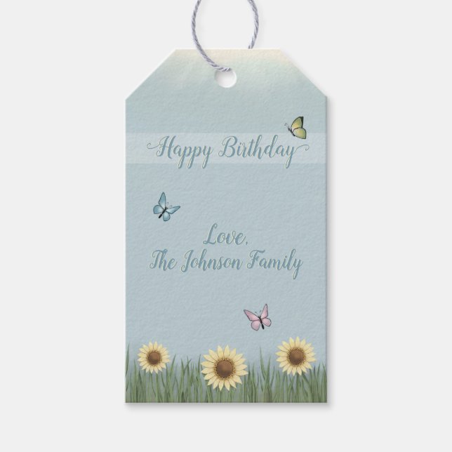 Sunflower Butterfly Happy Birthday Gift Tags (Front)