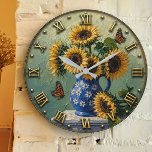Sunflower Butterfly Rustic Floral Art Large Clock