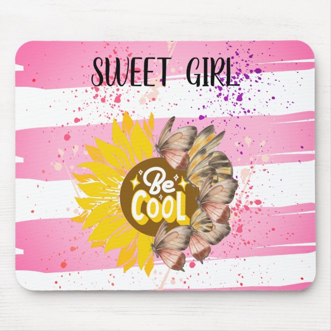 Sunflower & Butterfly Vibrant Pink Art Mouse Pad (Front)