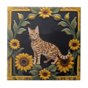 Sunflower Cats - Bengal Cat & Yellow Sunflowers Tile