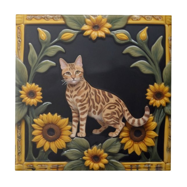 Sunflower Cats - Bengal Cat & Yellow Sunflowers Tile (Front)