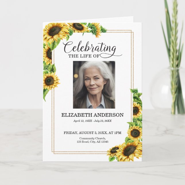 Sunflower Celebration of Life Funeral Program Card (Front)