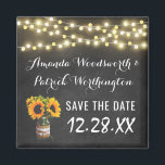 Sunflower Chalkboard Country Rustic Save the Date Magnet<br><div class="desc">Sunflower Chalkboard Country Rustic Save the Date Magnets - feature a chalkboard background with decorative string lights and a mason jar at the bottom that's decorated with burlap and lace. Jar is also filled with sunflowers. See the full matching collection below.</div>