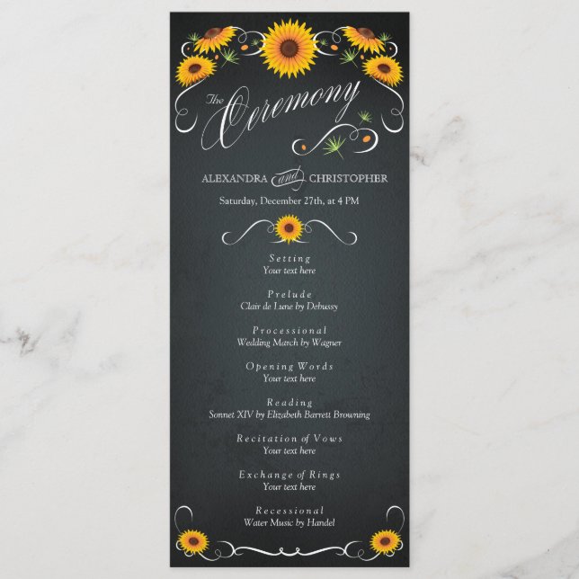Sunflower Chalkboard Vintage Wedding Program Programme (Front)