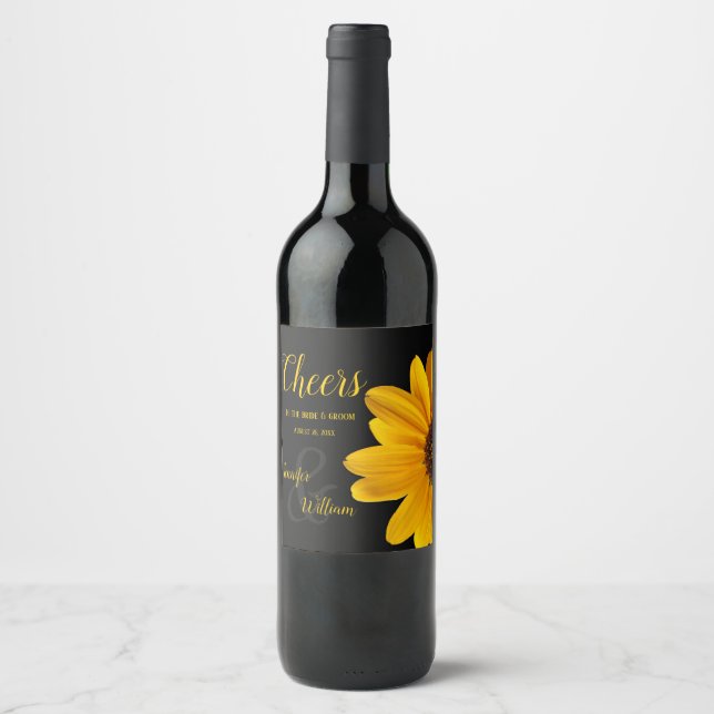 Sunflower, Cheers to Bride & Groom Wine Label (Front)