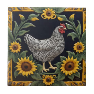 Sunflower Chicken - Grey Hen & Sunflowers Tile
