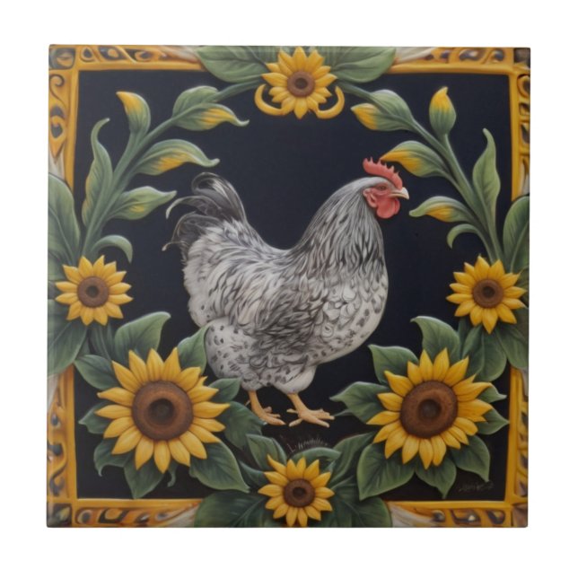 Sunflower Chicken - Grey Hen & Sunflowers Tile (Front)