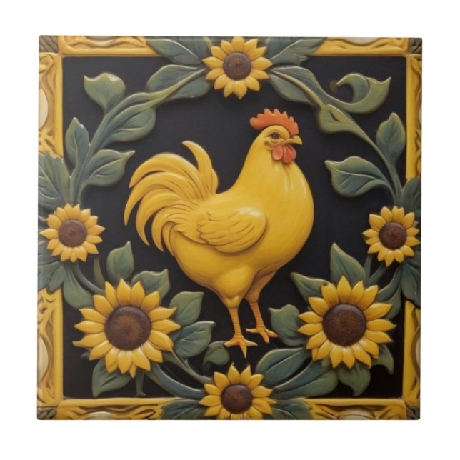 Sunflower Chicken - Yellow Hen & Sunflowers Tile (Front)