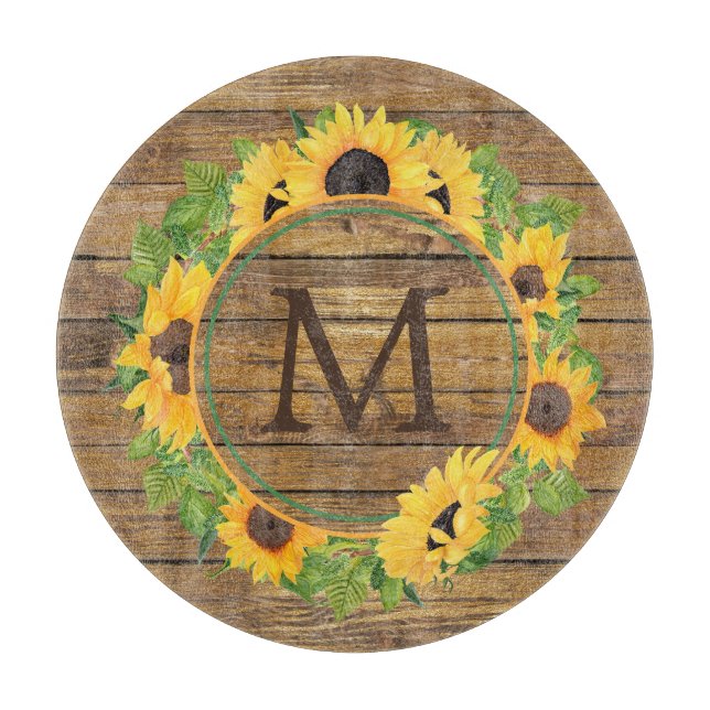 Sunflower Circle Wood Monogram Cutting Board (Front)