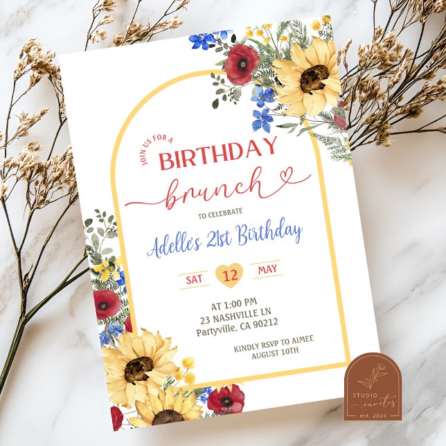 SUNFLOWER Colourful Flowers Summer Birthday Brunch Invitation (Creator Uploaded)