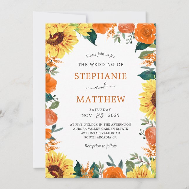 Sunflower Coral Floral Border Wedding Invitation (Front)