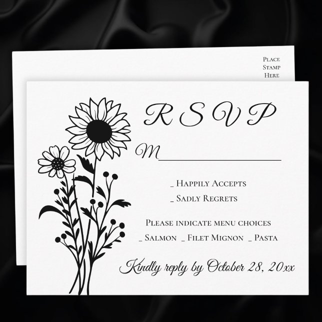 Sunflower Country Floral Black White Wedding RSVP Invitation Postcard (Creator Uploaded)