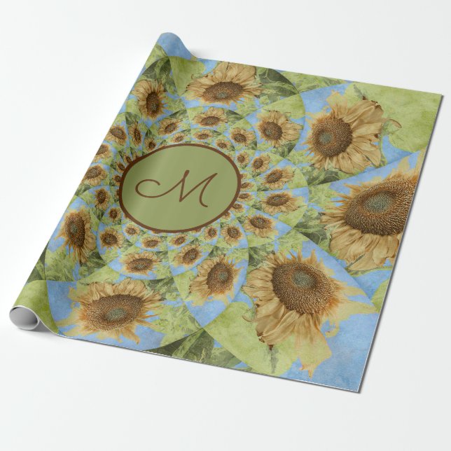 Sunflower Country Floral Yellow Green Monogram Wrapping Paper (Unrolled)