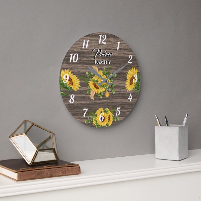 Sunflower,Country Kitchen,Wood Rustic, Family Name Large Clock (Office)