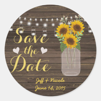 Sunflower Country Wood Mason Jar Save the Date Classic Round Sticker