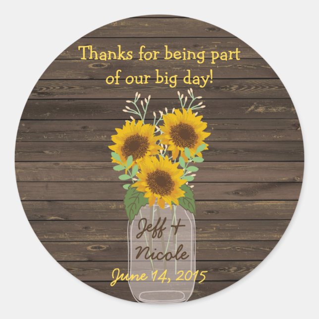 Sunflower Country Wood Mason Jar Wedding Classic Round Sticker (Front)