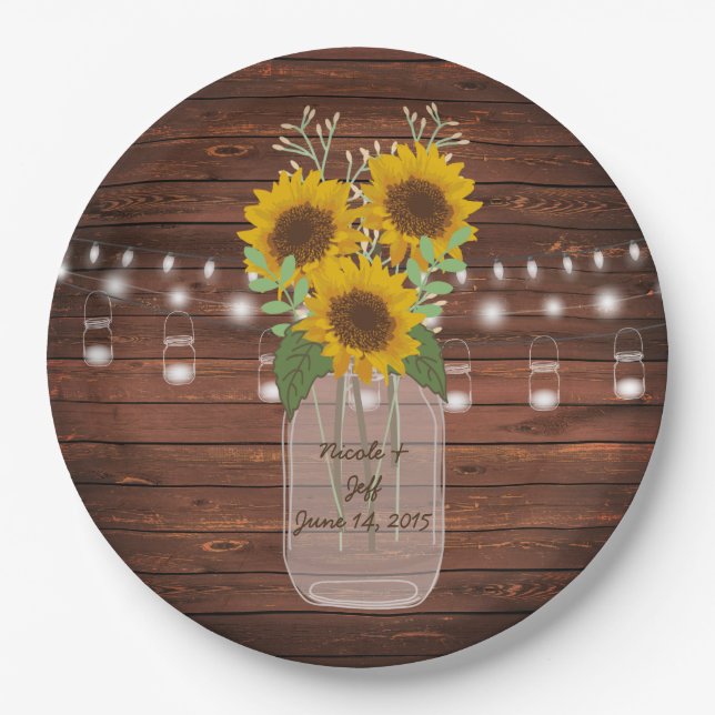 Sunflower Country Wood Mason Jar Wedding Paper Pla Paper Plate (Front)
