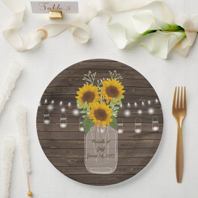 Sunflower Country Wood Mason Jar Wedding Paper Plate (Wedding)