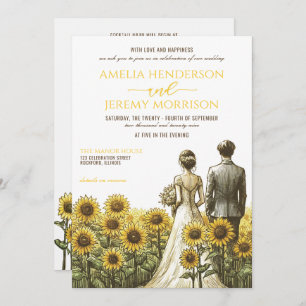 Sunflower Couple Wedding Invitation with Details