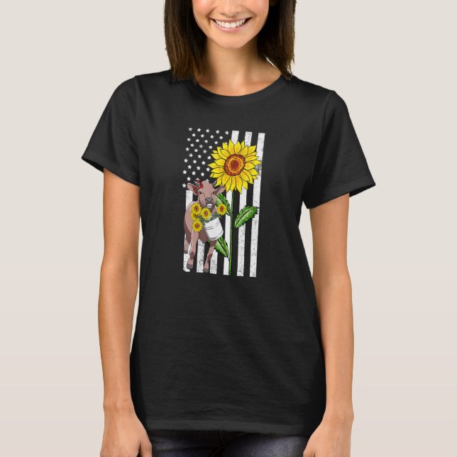 Sunflower Cow Heifer Usa Flag Farmer Rancher Ameri T-Shirt (Front)