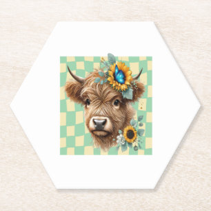 Sunflower Cow Png, Cute Highland Cow Paper Coaster